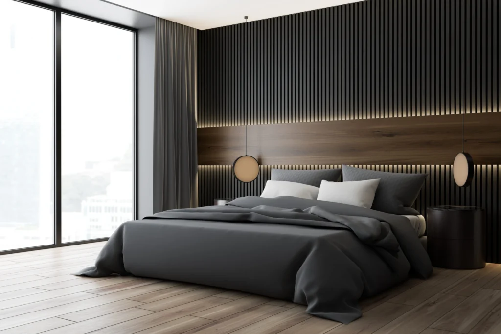 Corner,Of,Modern,Bedroom,With,Dark,Wood,And,Gray,Walls,