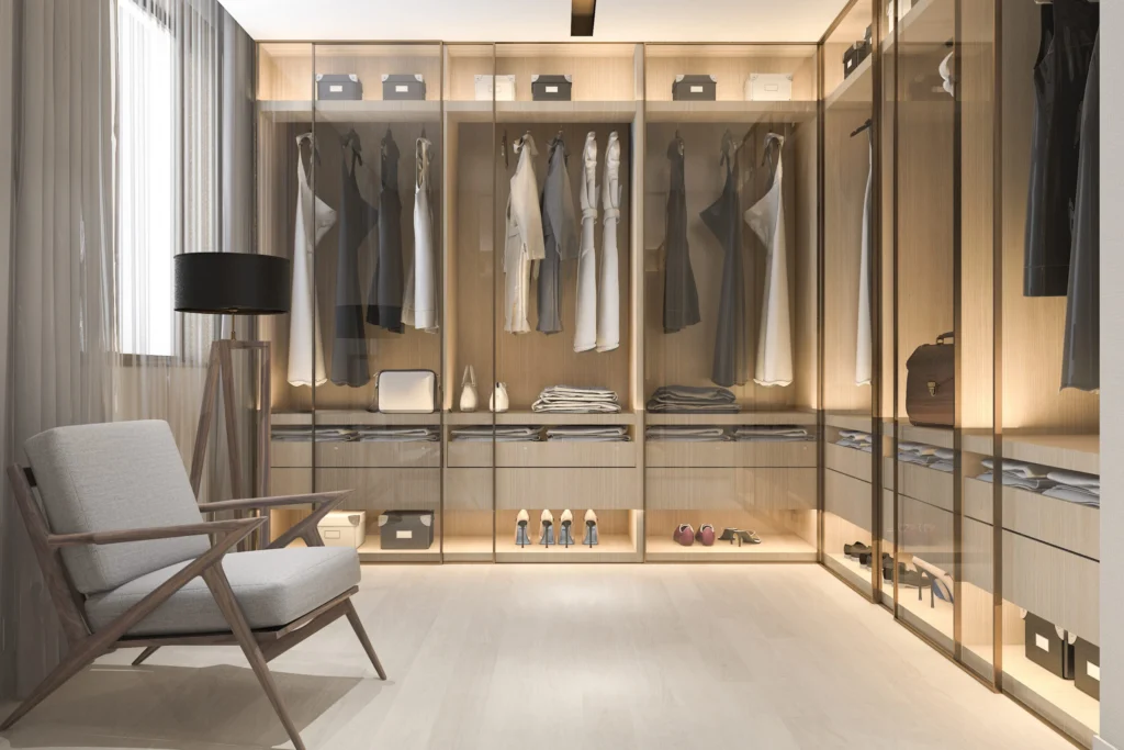3d,Rendering,Minimal,Scandinavian,Wood,Walk,In,Closet,With,Wardrobe