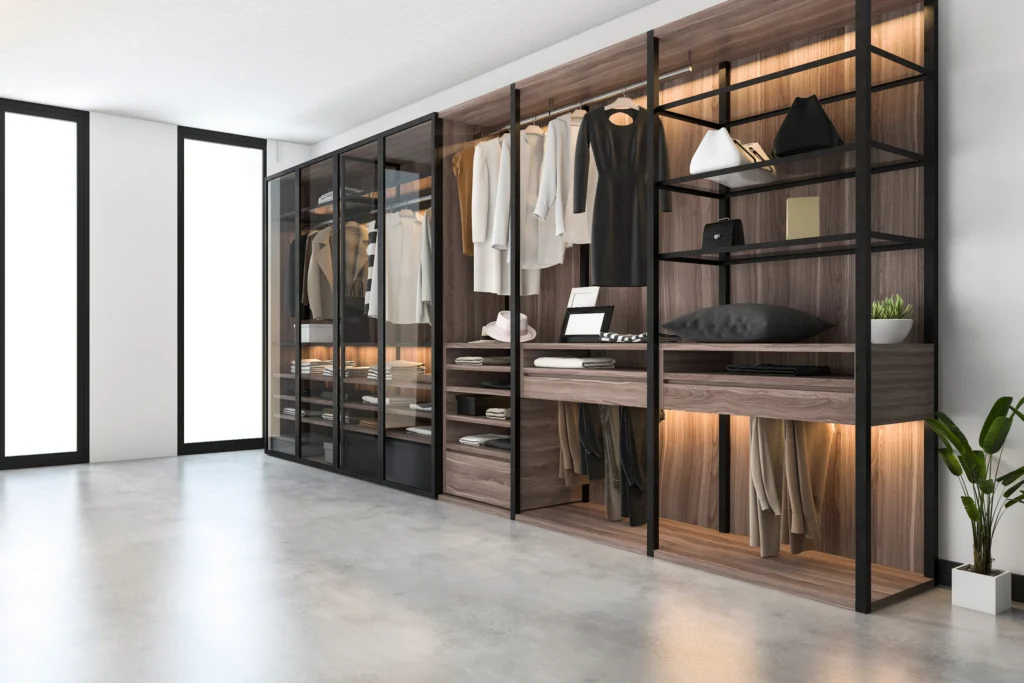 3d,Rendering,Minimal,Scandinavian,Walk,In,Closet,With,Wood,Wardrobe