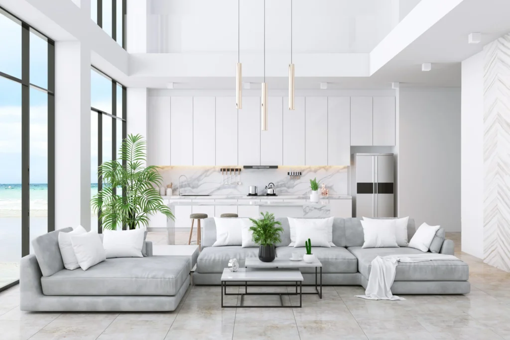 Modren,Living,Room,And,Kitchen,Room,Interior,With,Sea,View