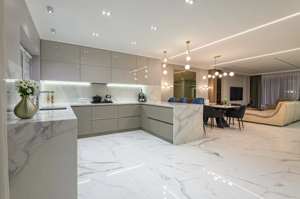 Luxury,Large,Modern,White,Marble,Kitchen,United,With,Dining,Room