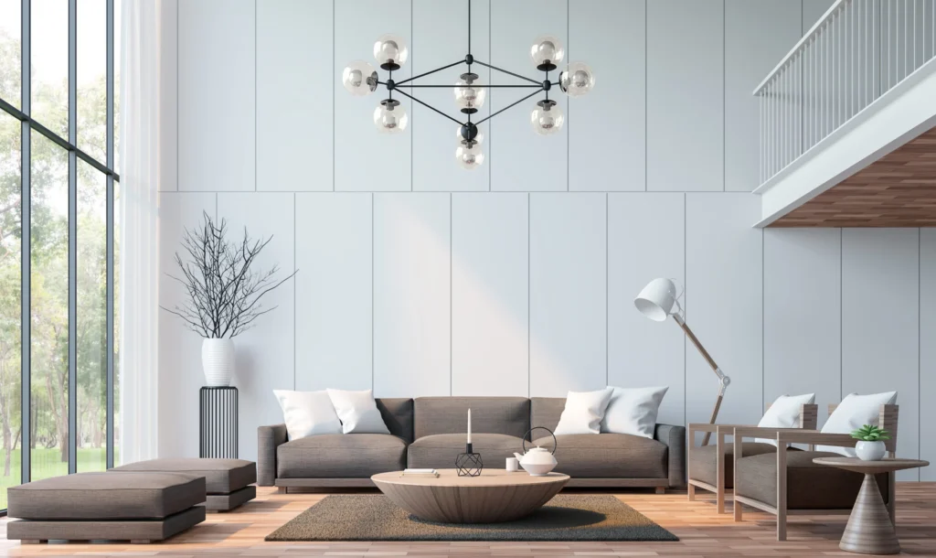 Modern,Living,Room,With,Mezzanine,3d,Rendering,Image.there,Are,Wooden