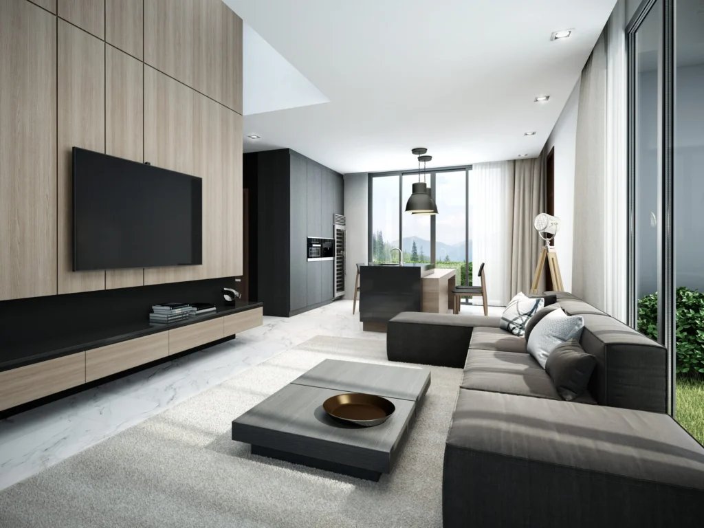 Modern,Living,Room,And,Kitchen,3d,Render
